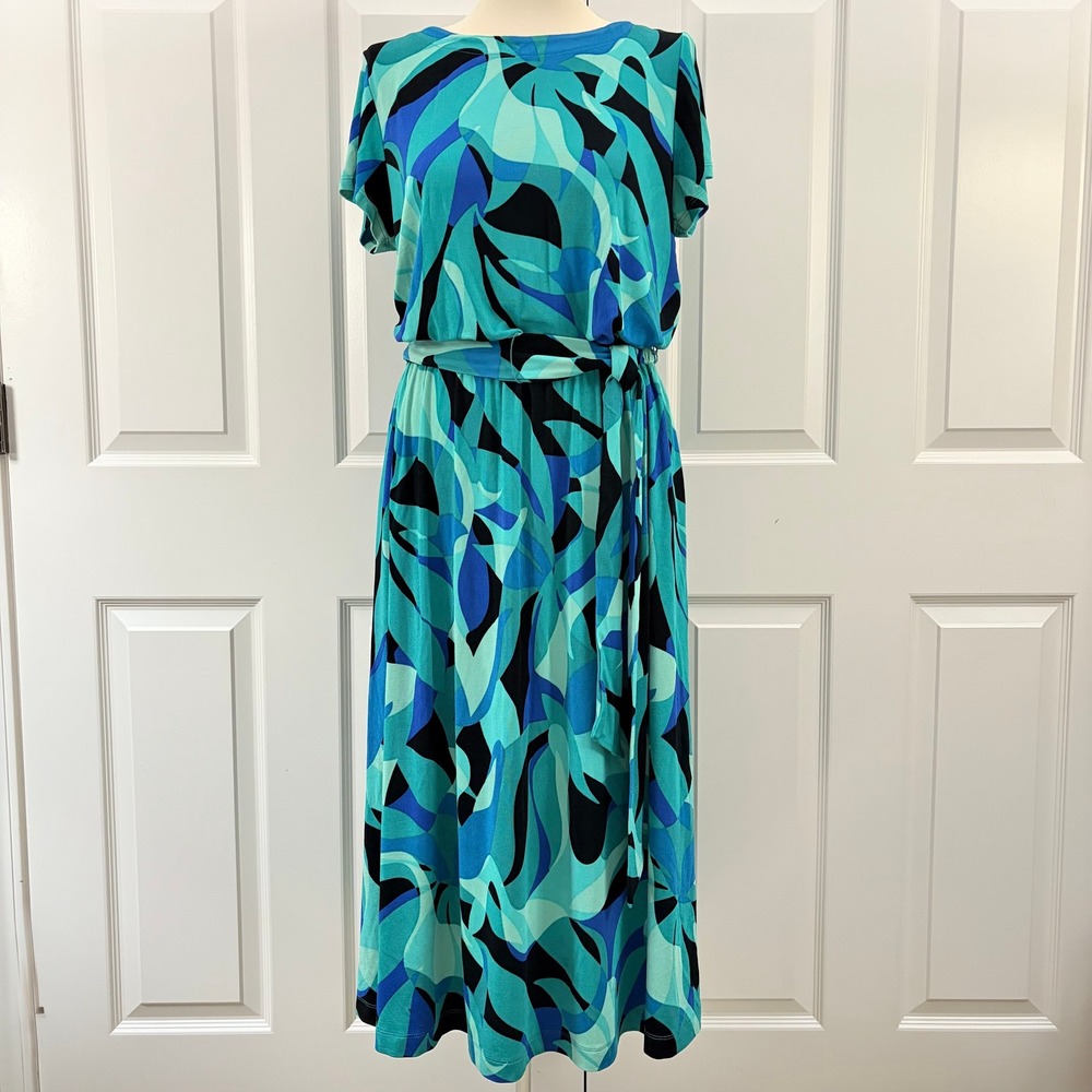 Chicos Womens Teal Blue Abstract Leaf Print Short Sleeve Midi Belted Dress 2/L